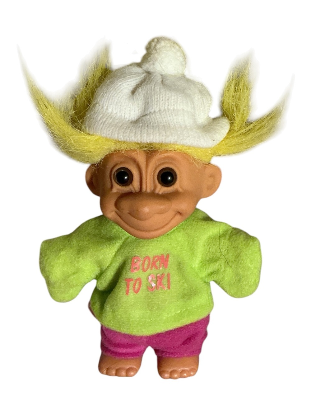Russ Berrie Green Troll Plush with Yellow Hair, White Hat and Pink Pants